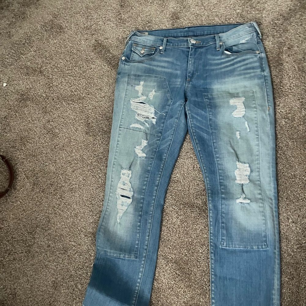 True Religion Blue Straight Leg Jeans with Distressed Details